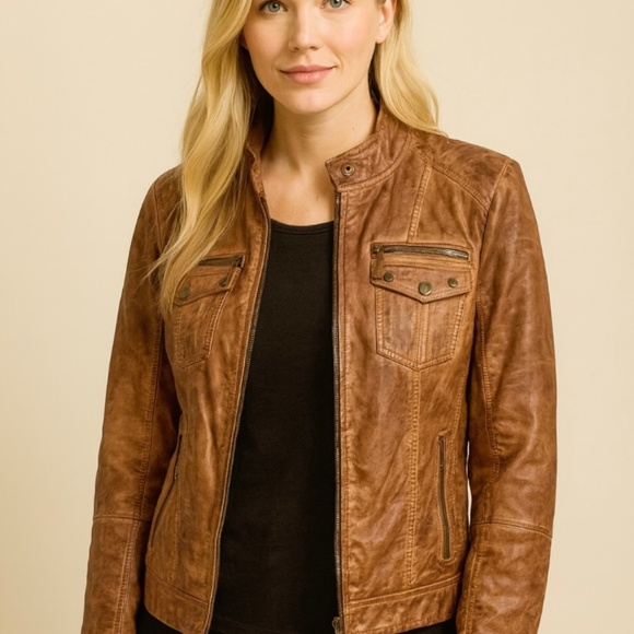 Women’s Medium Brown Leather-Like Jacket - Picture 1 of 4